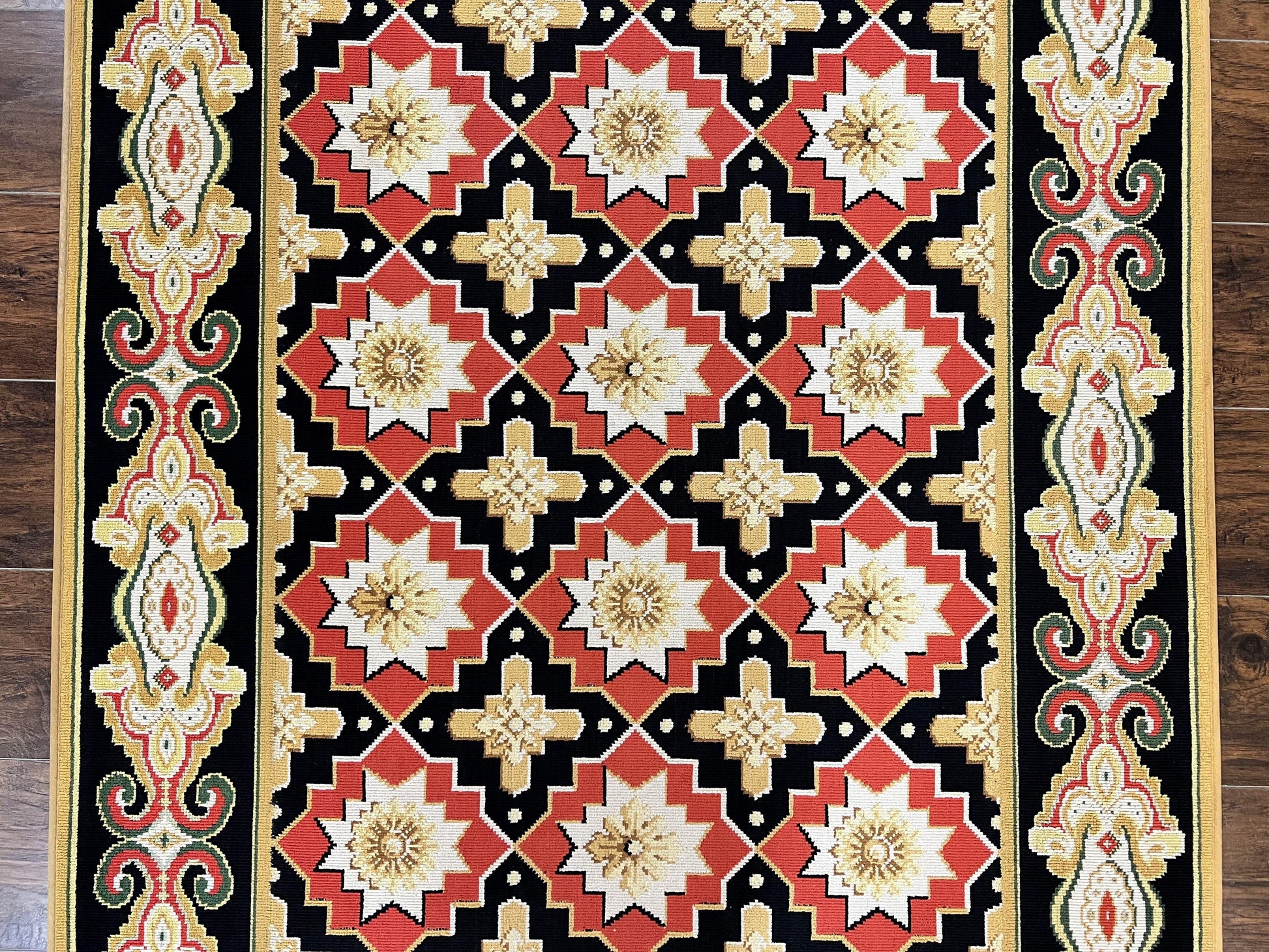 Runner Rug 4x19, Panel Design Rug, Custom Made Stark Runner Carpet, Wool, Vintage 4 x 19 Hallway Rug, European Design, Red Black Ivory Tan - Nuvé