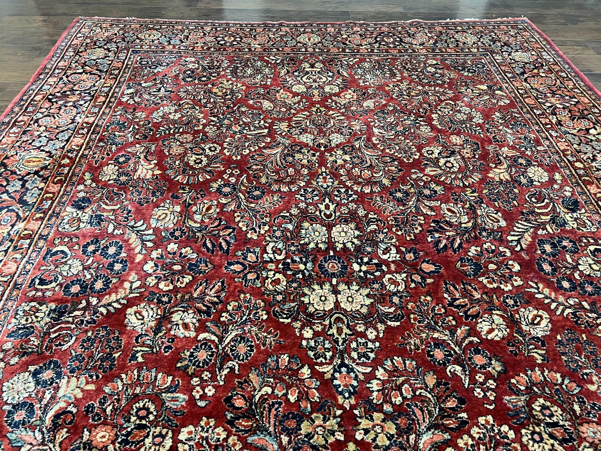 1920s Persian Sarouk Rug 9x12, Red Persian Carpet, High Quality Persian Rug, Allover Floral Pattern, Antique Oriental Rug, Wool Handmade Room Sized - Nuvé