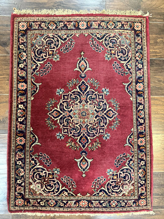 Small Persian Kashan Rug 2x3, Red and Navy Blue, Handmade Vintage Wool Semi Antique Persian Carpet, Semi Open Field - Nuvé