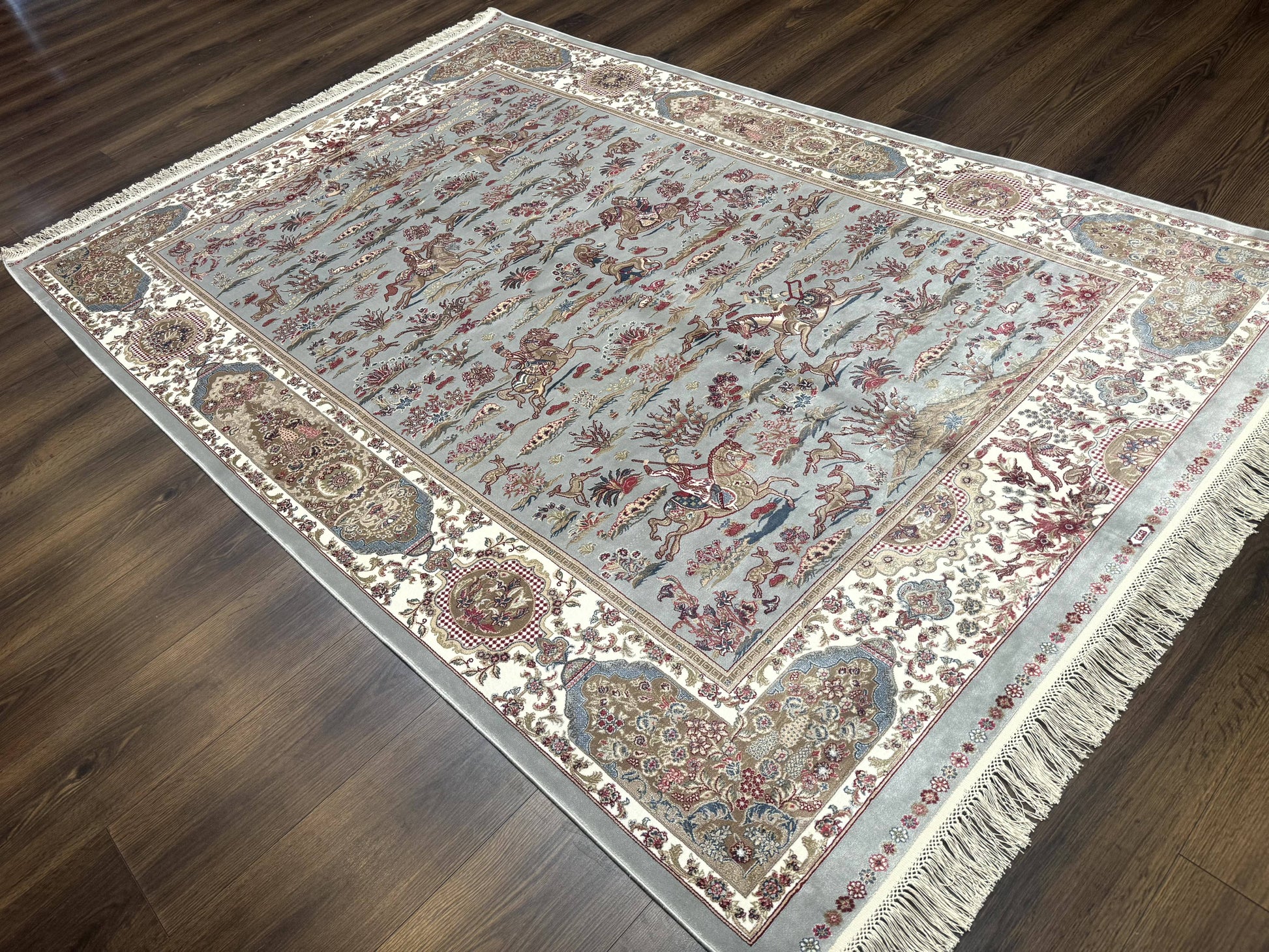 Turkish Silk Rug 5x7, Hunting Design, Animal Pictorials, Bamboo Silk - Nuvé
