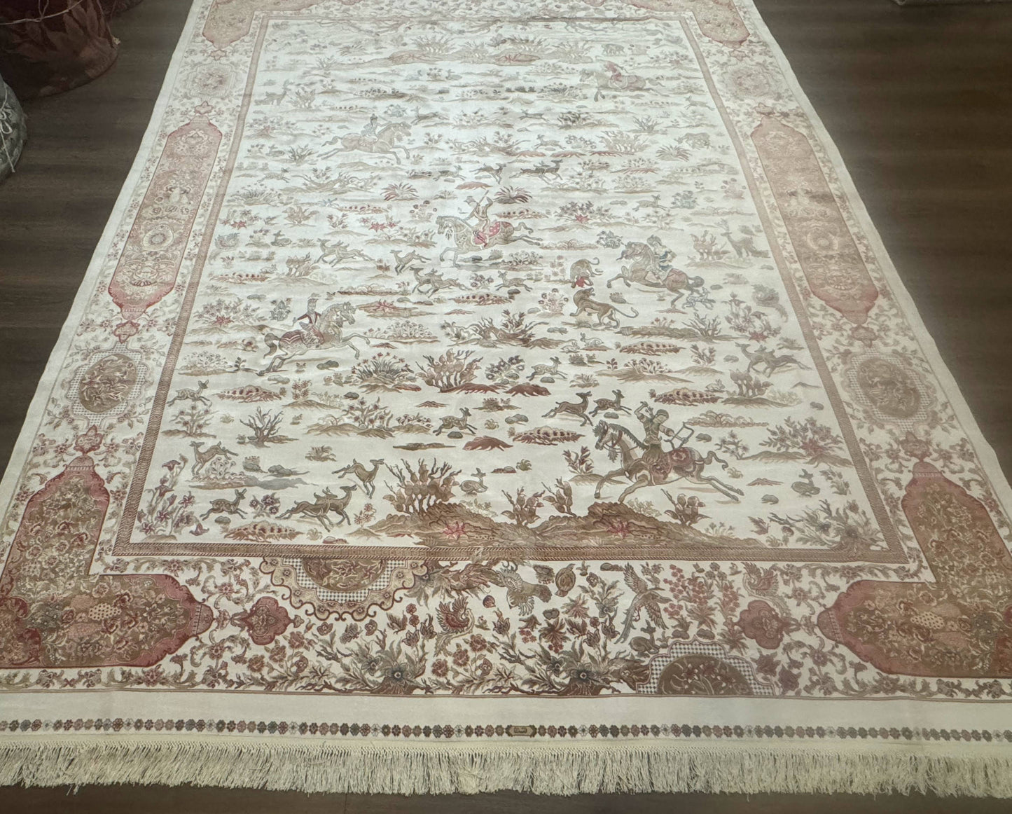 Large Turkish Silk Rug 8x10, Ivory, Hunting Design, Bamboo Silk, New - Nuvé