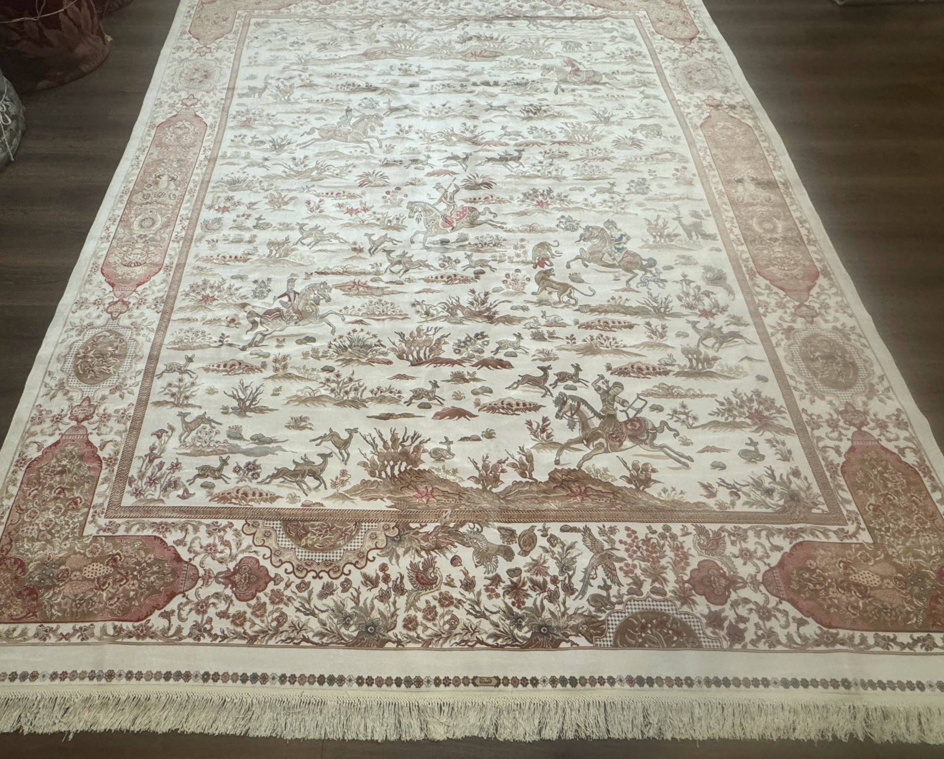 Large Turkish Silk Rug 8x10, Ivory, Hunting Design, Bamboo Silk, New - Nuvé