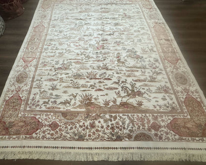 Large Turkish Silk Rug 8x10, Ivory, Hunting Design, Bamboo Silk, New - Nuvé