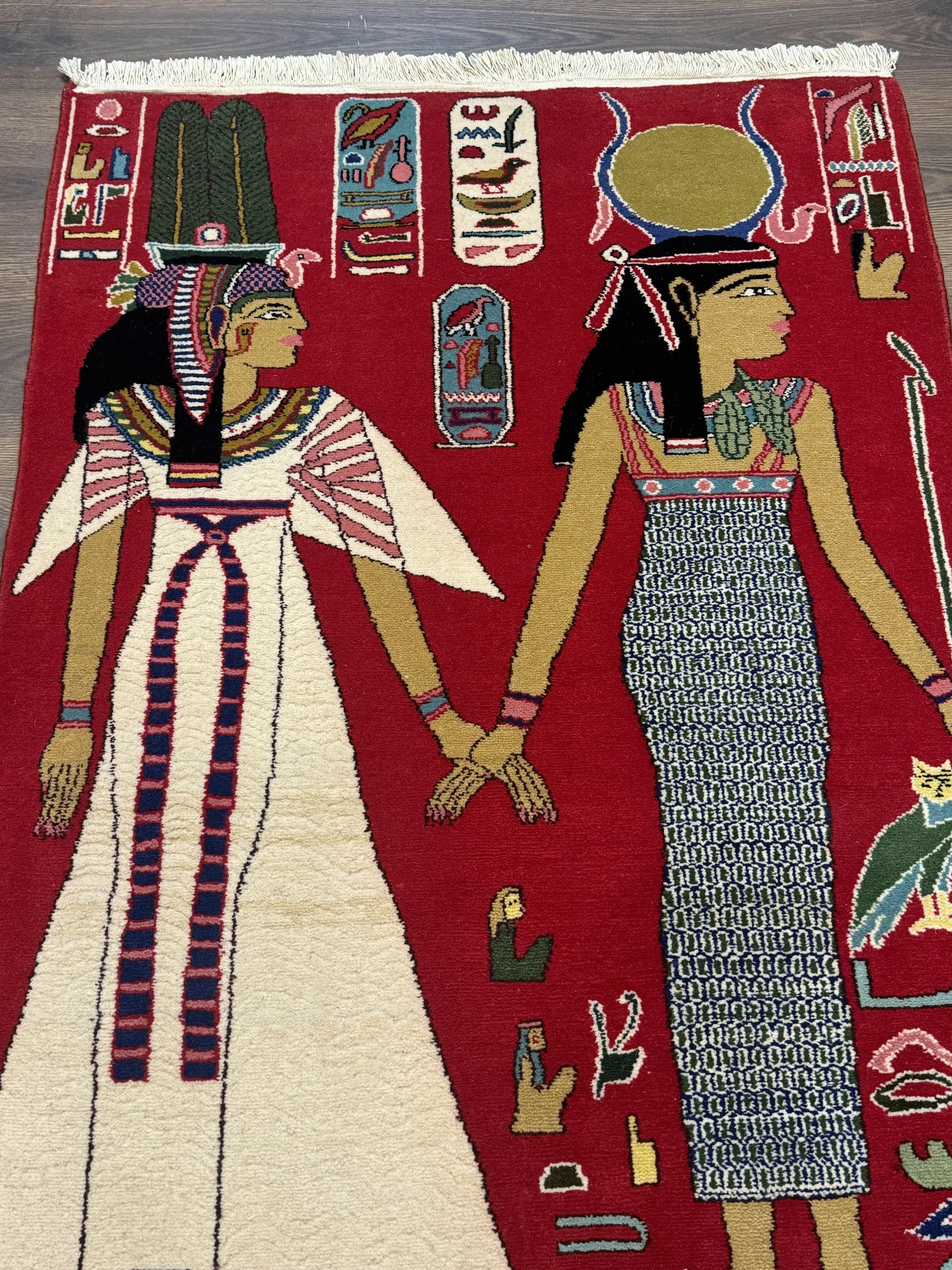 Egyptian Pictorial Rug 3x4, Hieroglyphic Pictorial Rug, Egyptian Prince and Princess, Cleopatra, Vintage Handmade, Red - Nuvé