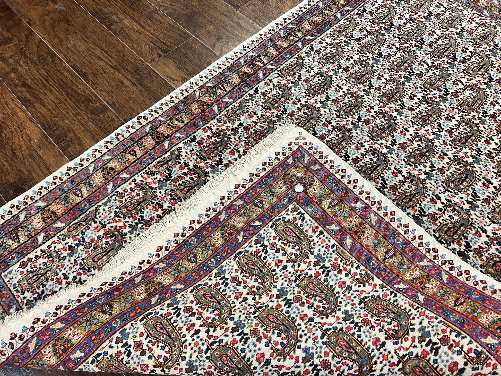 Persian Rug 4x6, Mashad Kashmar Rug, Boteh Paisley Design, Allover Repeated Pattern, Ivory Hand Knotted Vintage Semi Antique Persian Oriental Carpet - Nuvé