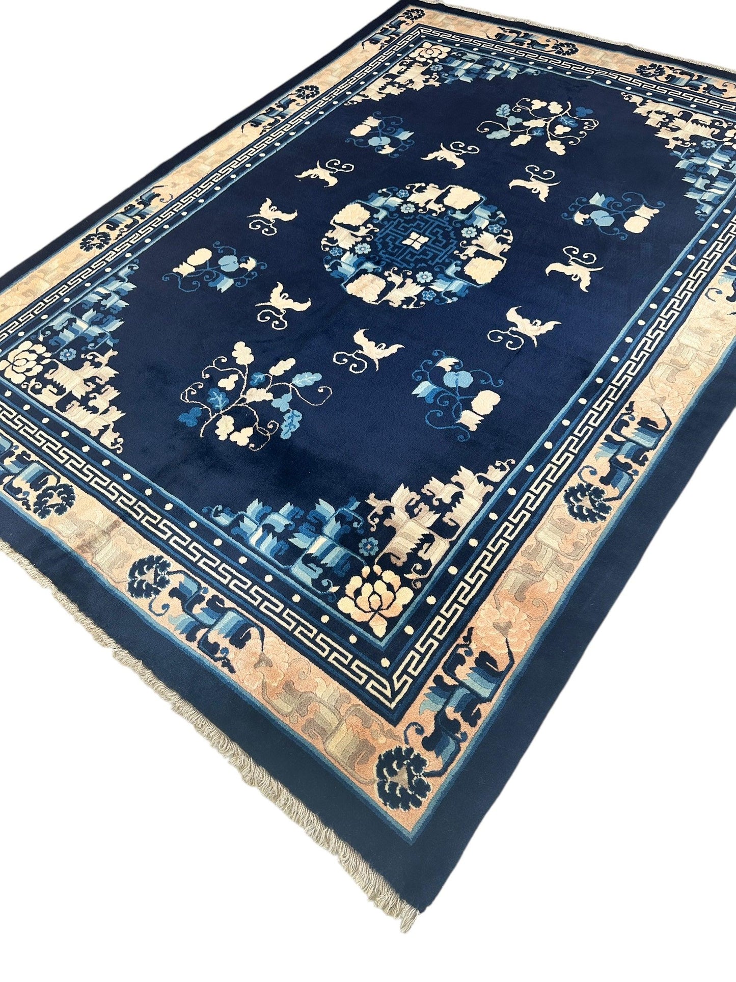 Hand-Knotted Antique Chinese Peking Wool Rug – 5’6” x 7’6” – Full Pile Navy and Cream Design - Nuvé