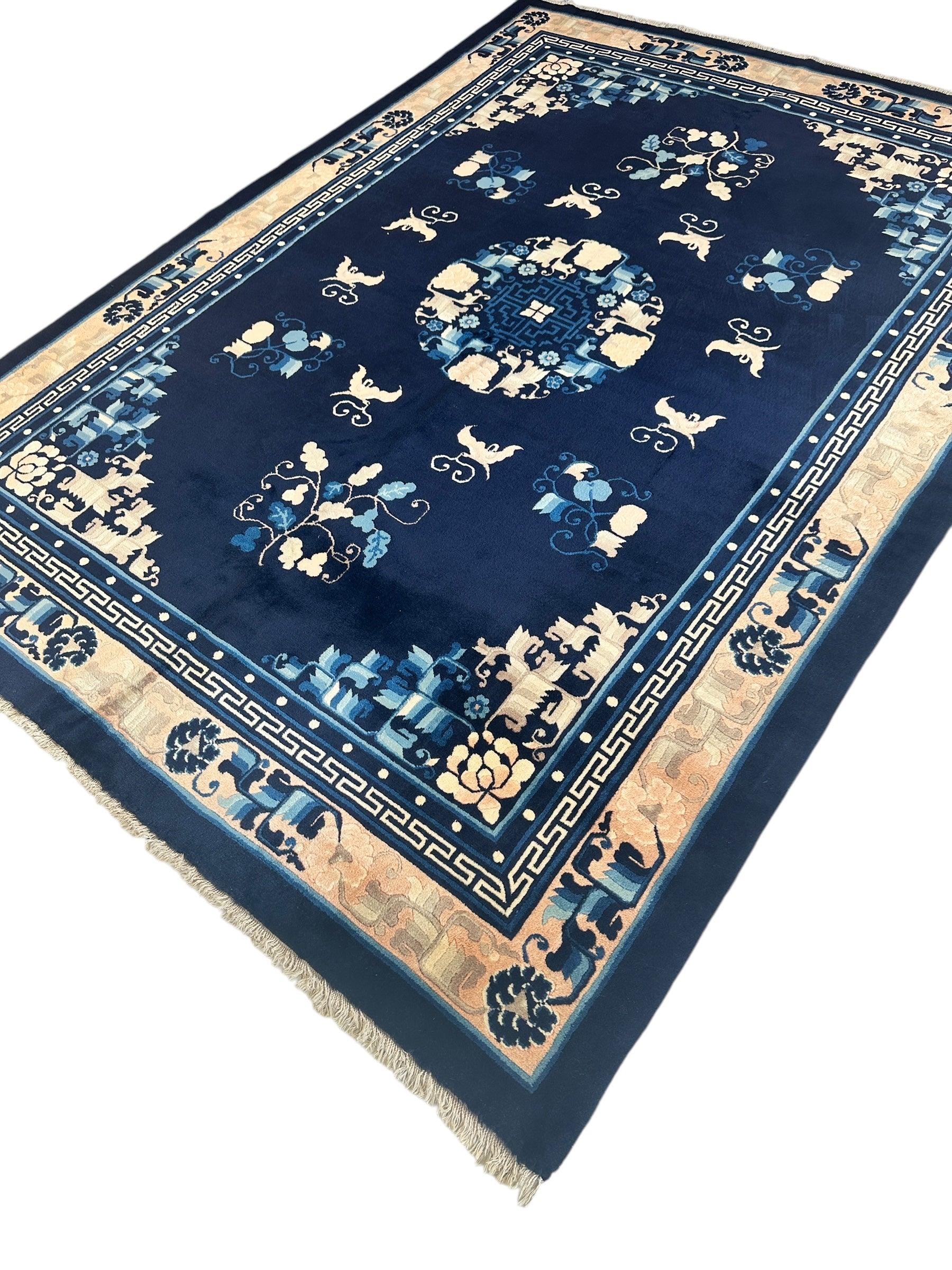 Hand-Knotted Antique Chinese Peking Wool Rug – 5’6” x 7’6” – Full Pile Navy and Cream Design - Nuvé