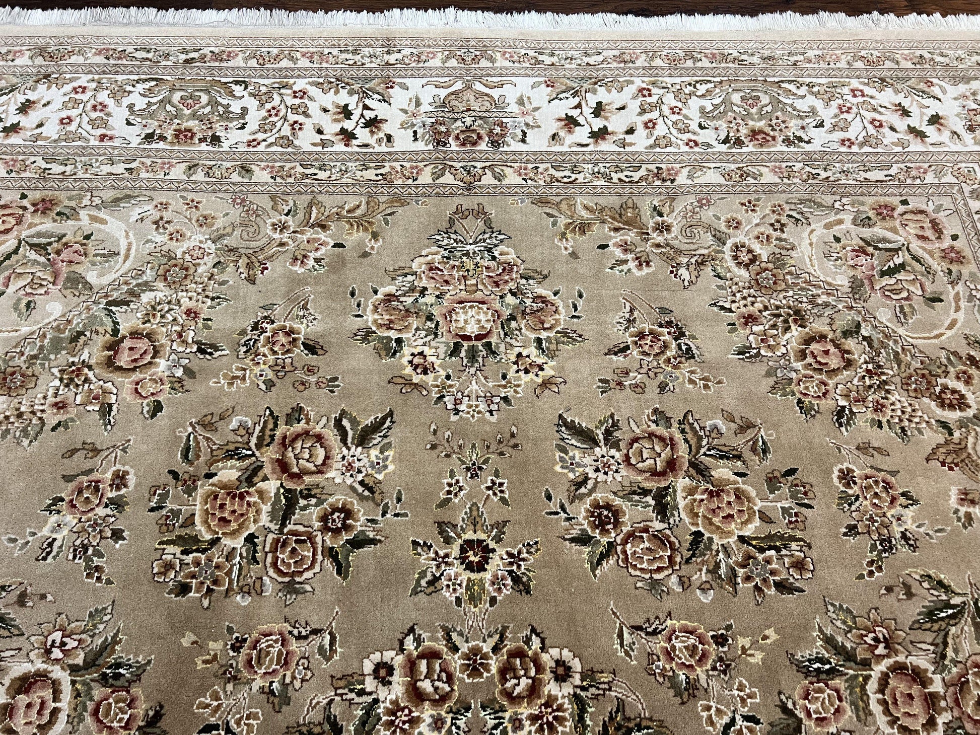 Sino Persian Rug 8x10, Soft Wool, Silk Highlights, Hand Knotted Vintage Carpet, Taupe & Ivory, Floral, Traditional Rug 8 x 10 - Nuvé