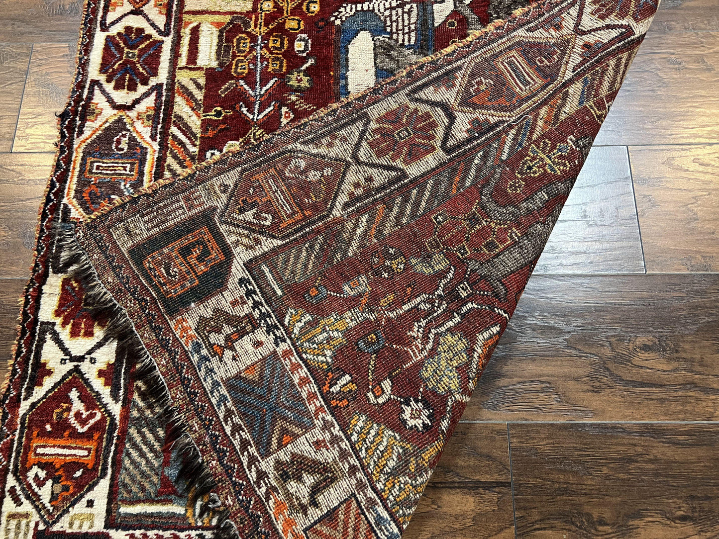 Antique Persian Shiraz Pictorial Rug 3.6 x 5, Persian Tribal Rug, Handmade, Lions, Highly Unique Collectible Small Persian Carpet, Maroon, Wool - Nuvé