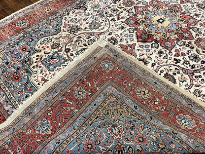 Persian Sarouk Rug 8x12, Wool Hand Knotted Antique Carpet, Floral Medallion, Cream Red, Traditional Oriental Rug - Nuvé