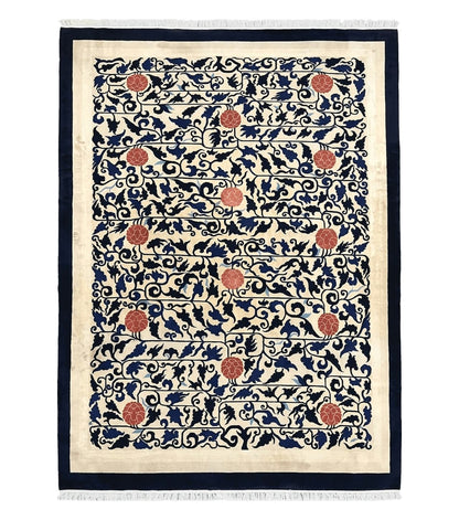 Antique Chinese Peking Rug 10x14, Beige Black, Handmade Wool Art Deco Carpet