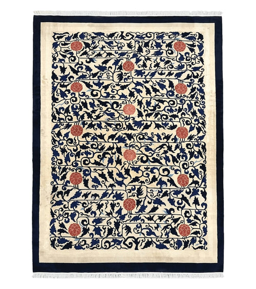 Antique Chinese Peking Rug 10x14, Beige Black, Handmade Wool Art Deco Carpet