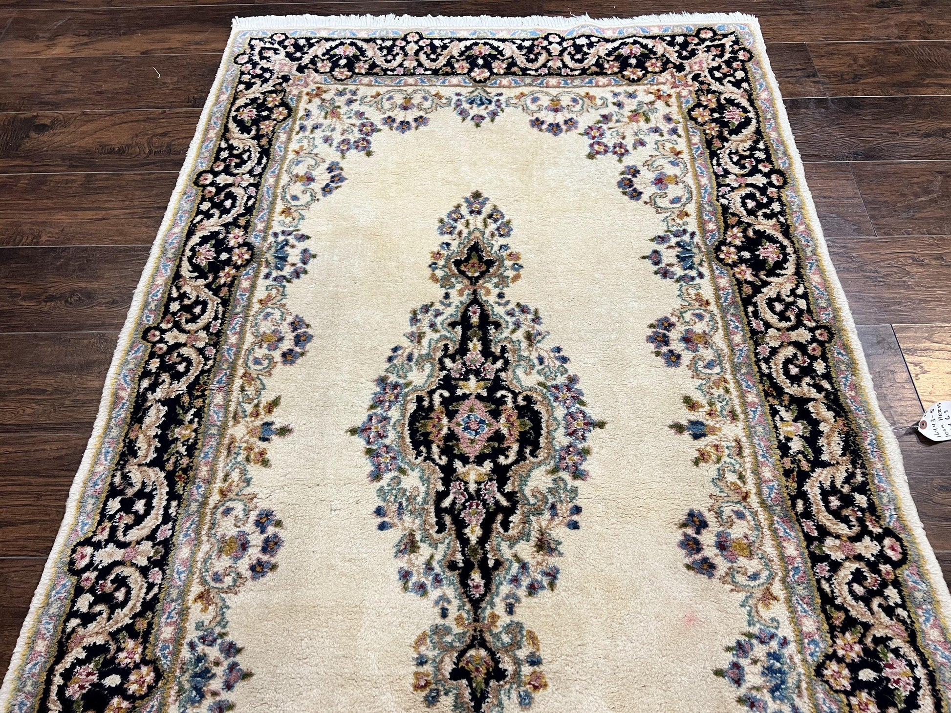 Persian Kirman Rug 4x7, Wool Hand Knotted Antique Carpet, Beige, Semi Open Field Medallion Rug, Traditional Handmade Oriental Rug - Nuvé