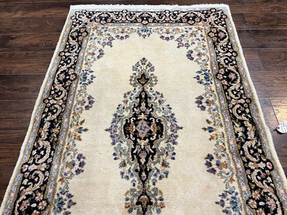 Persian Kirman Rug 4x7, Wool Hand Knotted Antique Carpet, Beige, Semi Open Field Medallion Rug, Traditional Handmade Oriental Rug - Nuvé
