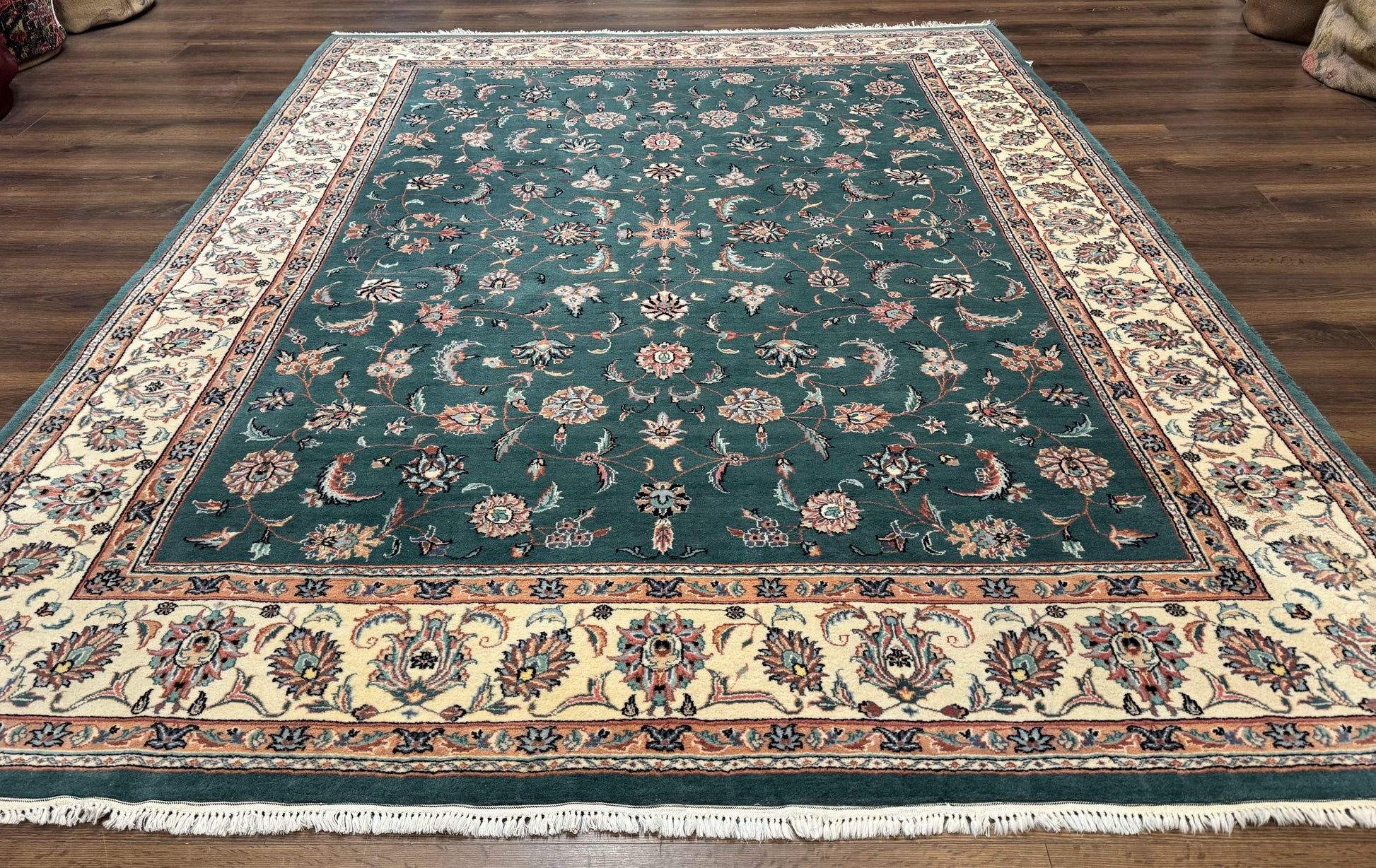 Indo Persian Rug 8x10, Green and Beige Oriental Carpet, Traditional Wool Area Rug, Floral Allover Pattern - Nuvé