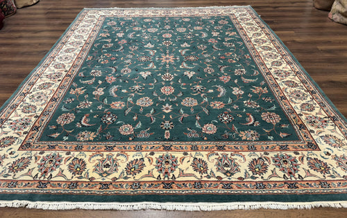 Indo Persian Rug 8x10, Green and Beige Oriental Carpet, Traditional Wool Area Rug, Floral Allover Pattern - Nuvé