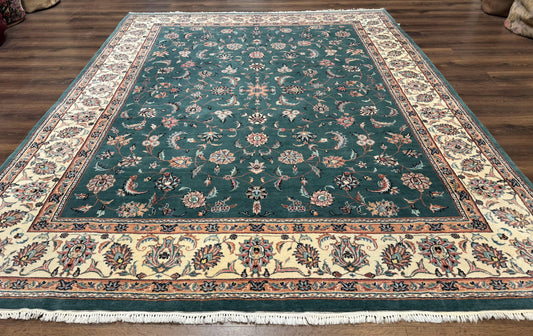 Indo Persian Rug 8x10, Green and Beige Oriental Carpet, Traditional Wool Area Rug, Floral Allover Pattern - Nuvé