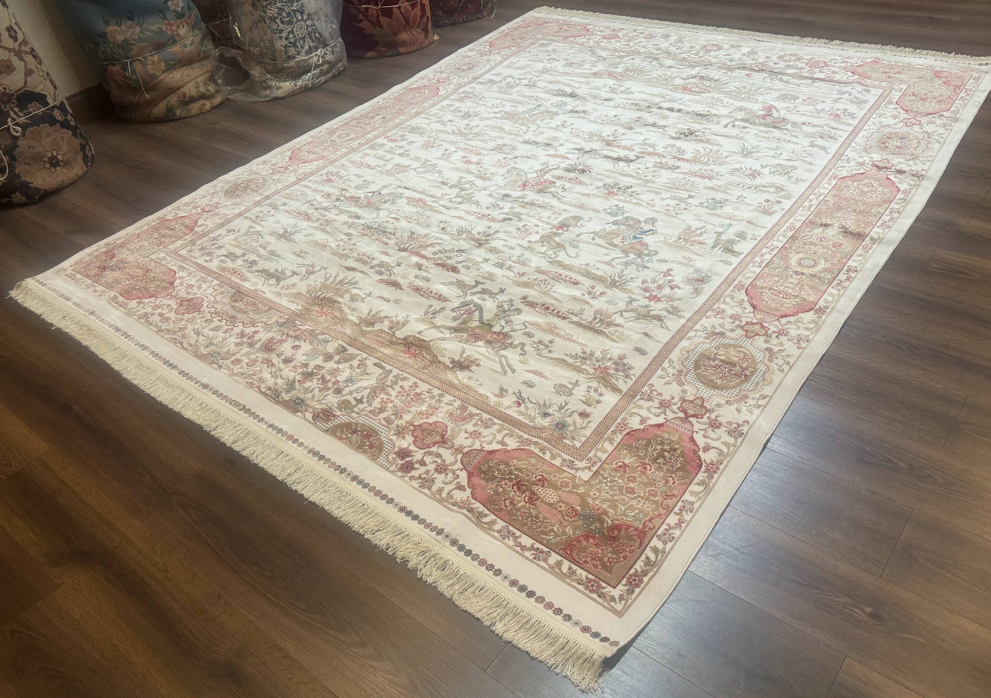 Large Turkish Silk Rug 8x10, Ivory, Hunting Design, Bamboo Silk, New - Nuvé