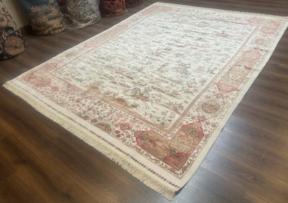 Large Turkish Silk Rug 8x10, Ivory, Hunting Design, Bamboo Silk, New - Nuvé