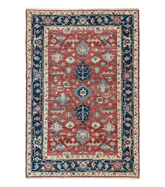 Turkish Flatweave Rug 6x9, Heriz Design, Red and Blue