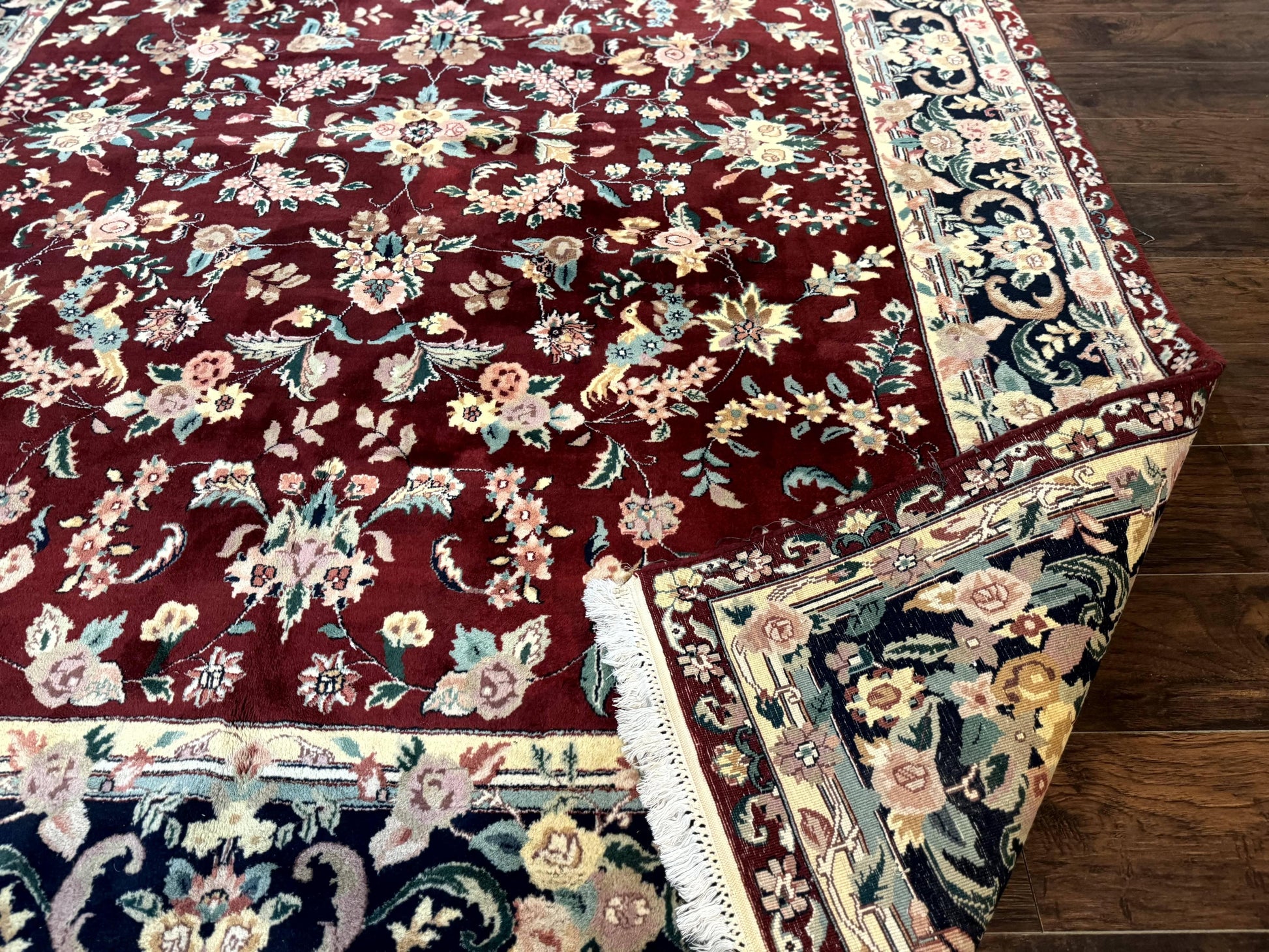 Indo Persian Rug 8x10, Floral Allover with Bird Pictorials, Maroon and Navy Blue, Handmade Wool Area Rug - Nuvé