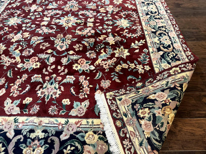 Indo Persian Rug 8x10, Floral Allover with Bird Pictorials, Maroon and Navy Blue, Handmade Wool Area Rug - Nuvé