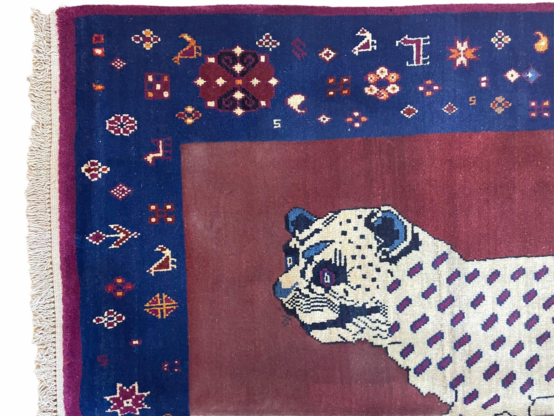 5 X 7 Handmade Zagros Wool Rug Snow White Panther Maroon Blue Organic Dyes - Nuvé
