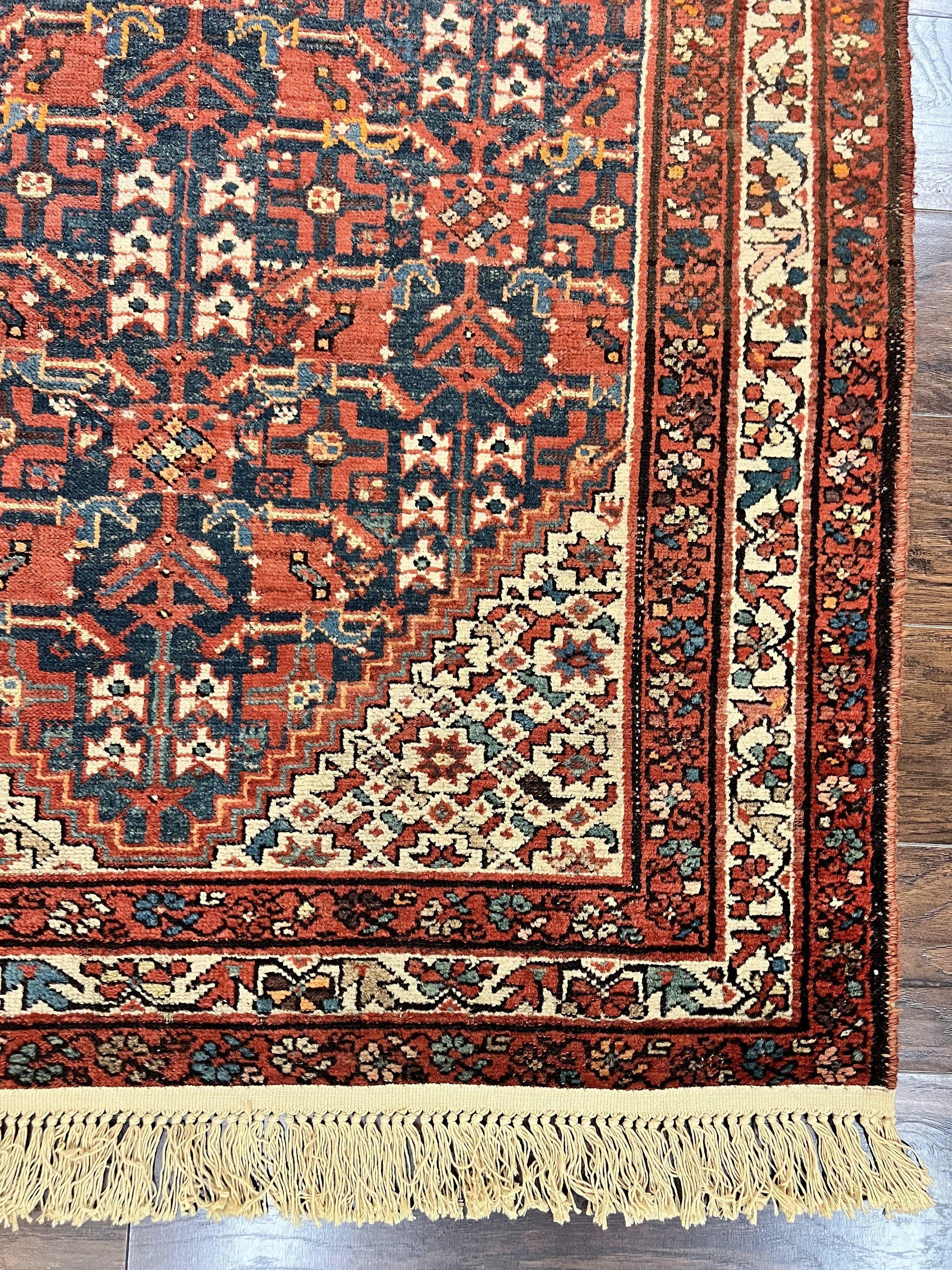 Persian Malayer Rug 4x7, Tribal Rug, Geometric, Antique Oriental Carpet, Red Blue Cream, Boho Rug, Hand Knotted Wool Rug - Nuvé