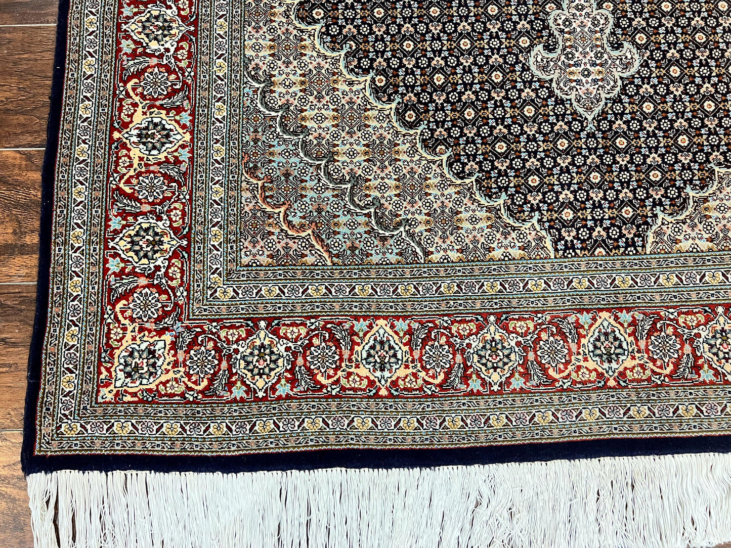 Persian Tabriz Rug 5x7, Wool with Silk Highlights, Hand Knotted Vintage Oriental Carpet, Very Fine, Herati Mahi Pattern, Black, Rare - Nuvé