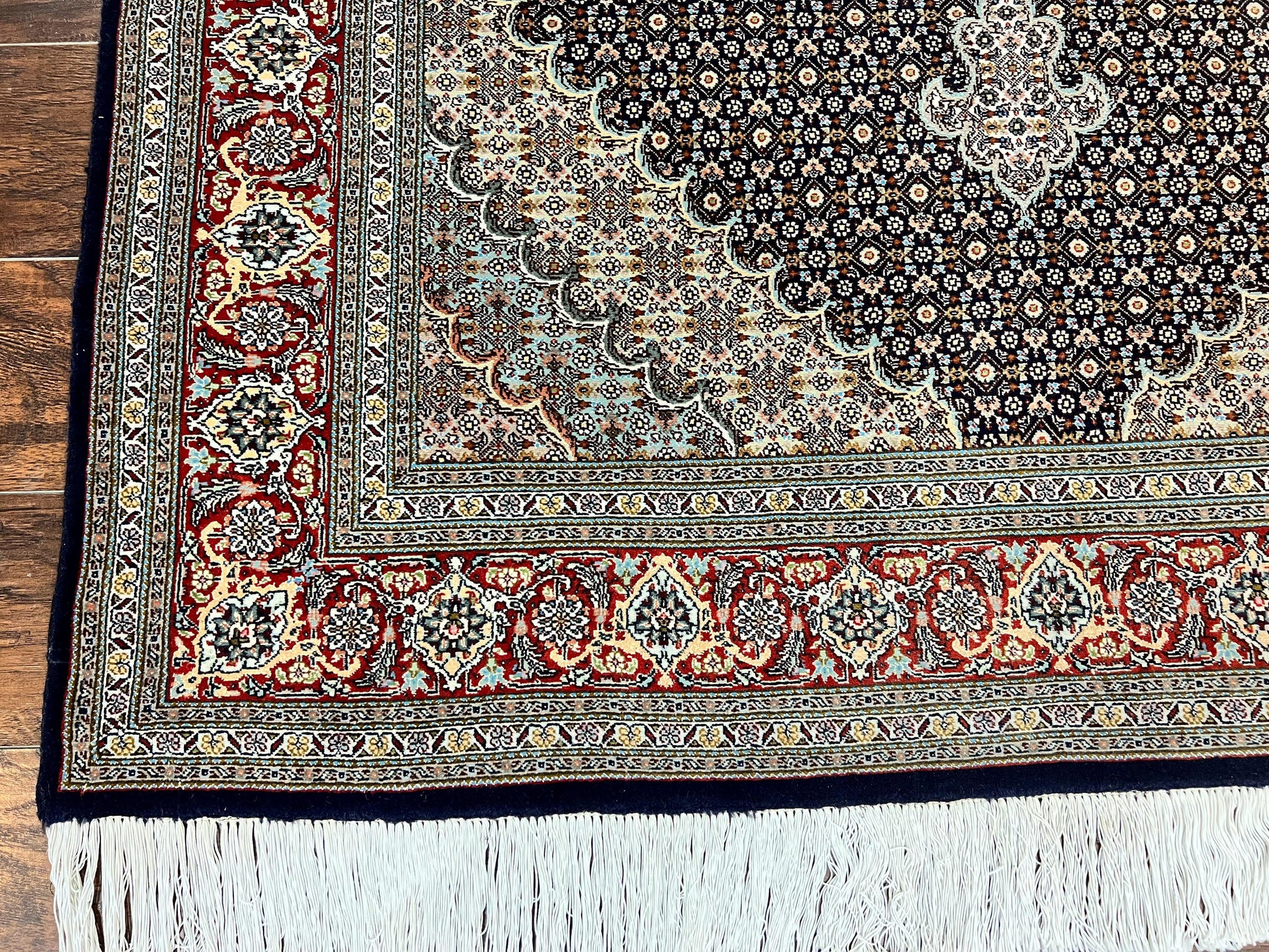 Persian Tabriz Rug 5x7, Wool with Silk Highlights, Hand Knotted Vintage Oriental Carpet, Very Fine, Herati Mahi Pattern, Black, Rare - Nuvé