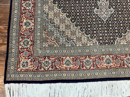 Persian Tabriz Rug 5x7, Wool with Silk Highlights, Hand Knotted Vintage Oriental Carpet, Very Fine, Herati Mahi Pattern, Black, Rare - Nuvé