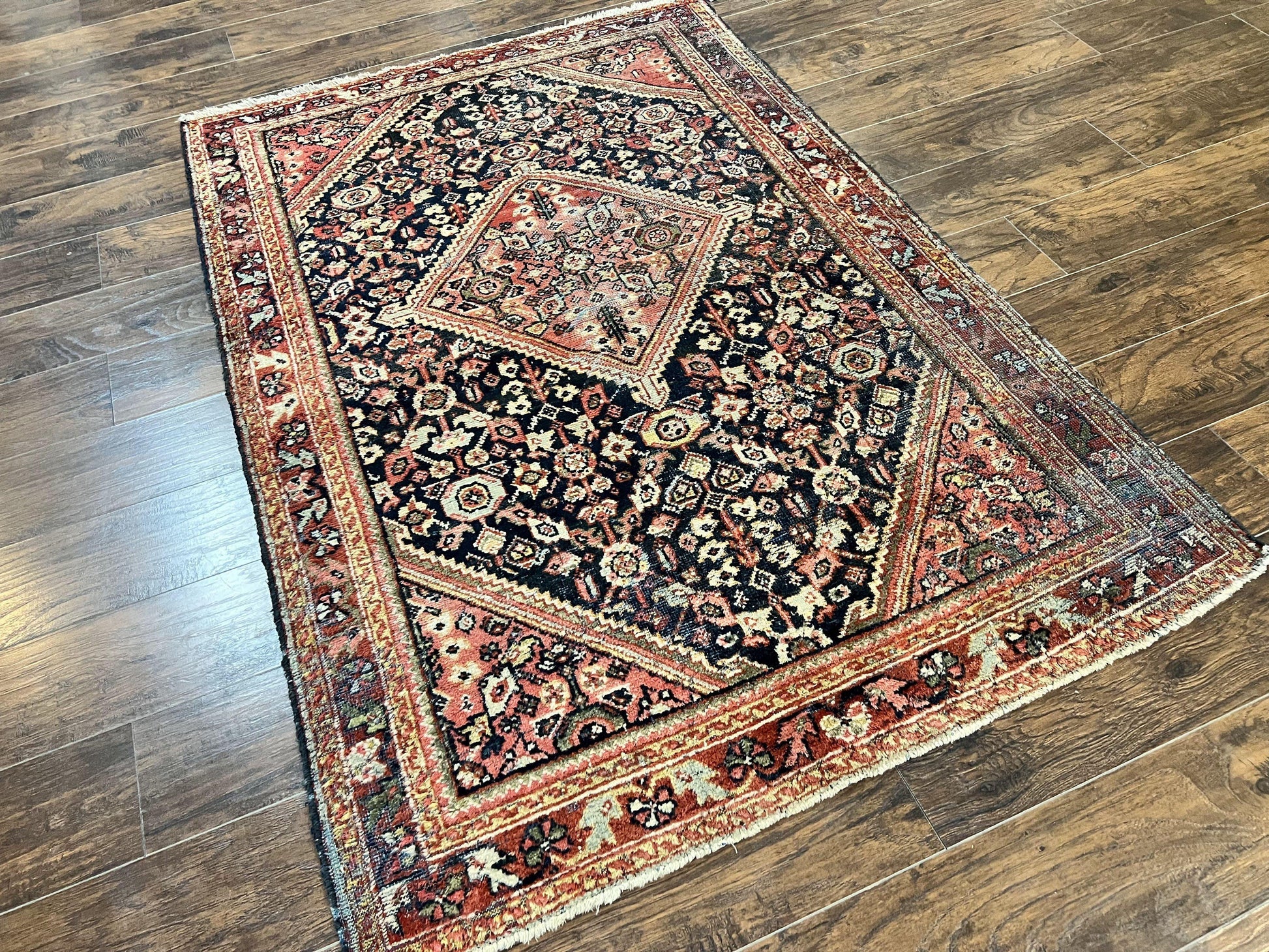 Antique Persian Mahal Rug 4x7, Wool Hand Knotted Tribal Geometric Carpet - Nuvé