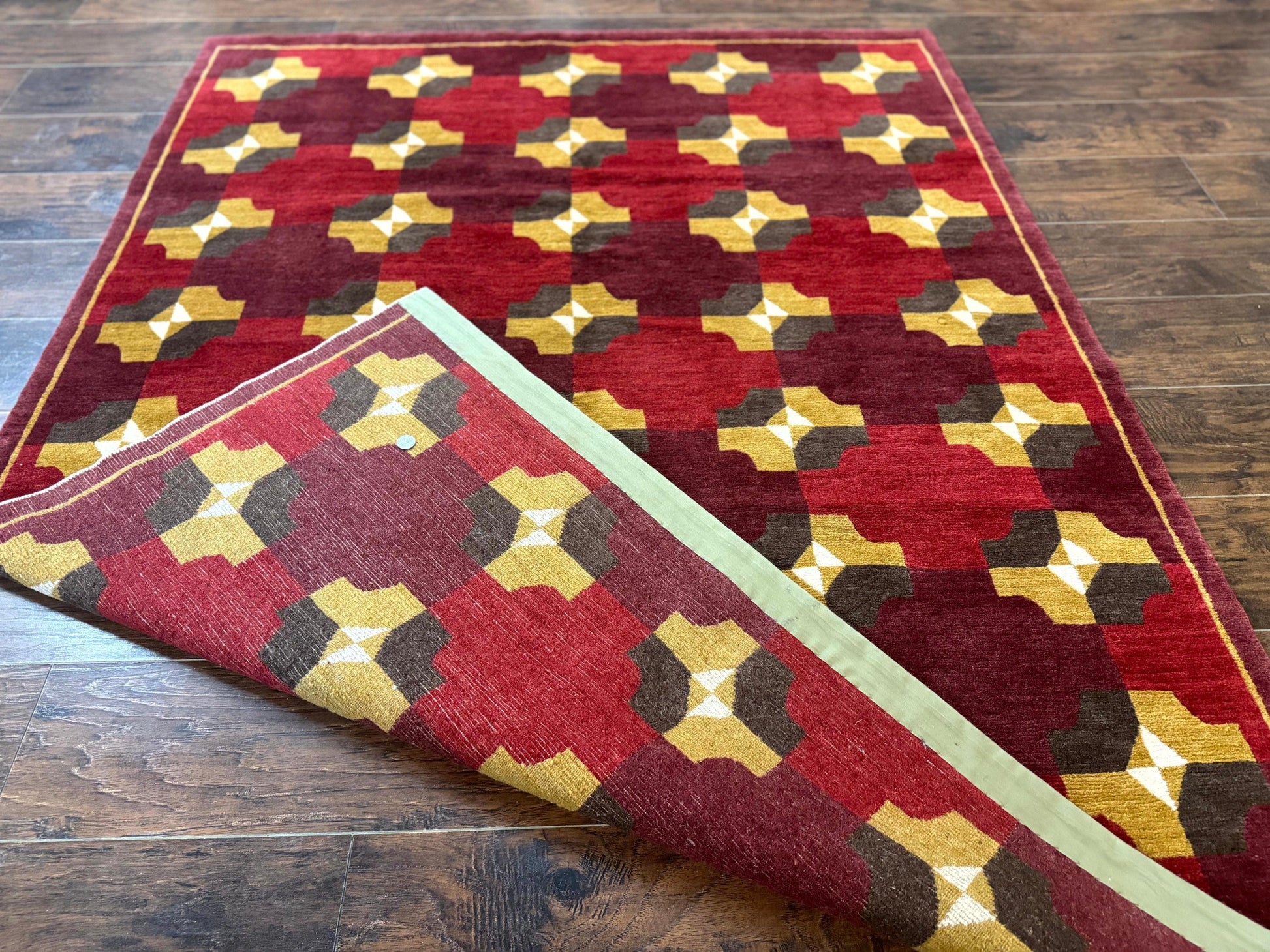 Modern Tibetan Rug 5 x 6.8, Wool, Red, Allover Pattern, Nepali Rug, Abstract Rug, Handmade Area Rug - Nuvé
