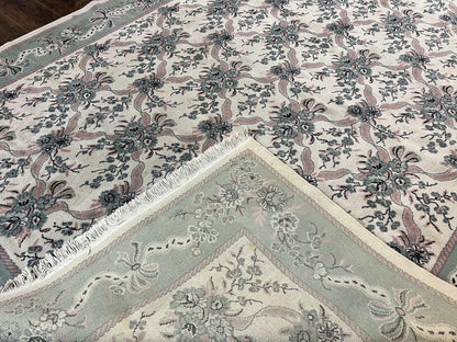Belgium Power Loomed Rug 8x11, Ivory and Green, Wool Carpet, Floral - Nuvé
