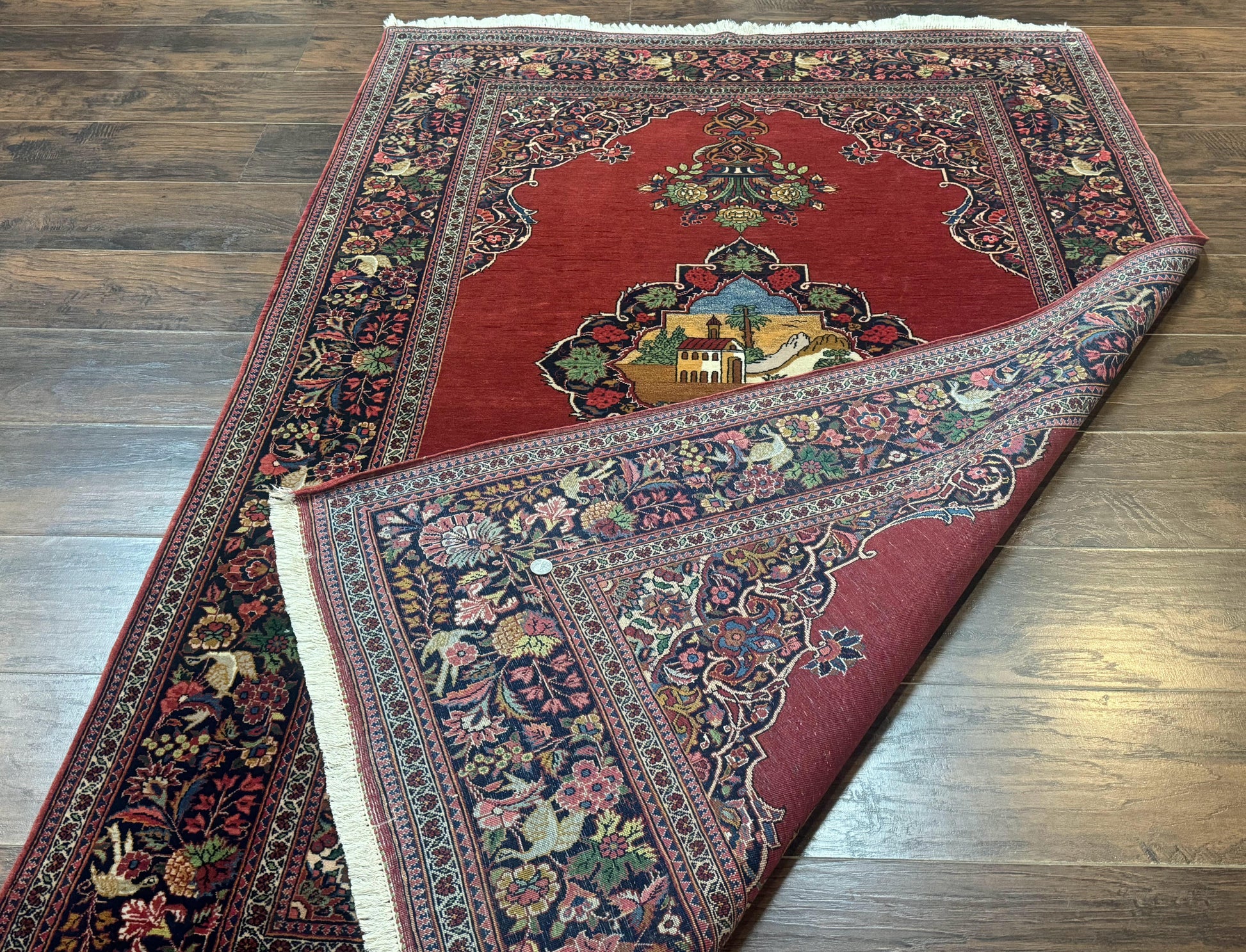 Red Persian Kashan Rug 4x6, Very Fine 260 KPSI, Red and Navy Blue Persian Carpet, Semi Open Field - Nuvé