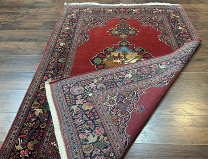 Red Persian Kashan Rug 4x6, Very Fine 260 KPSI, Red and Navy Blue Persian Carpet, Semi Open Field - Nuvé
