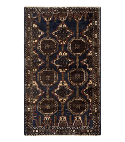 Navy Blue Afghan Balouch Rug 4x6, Handmade, New