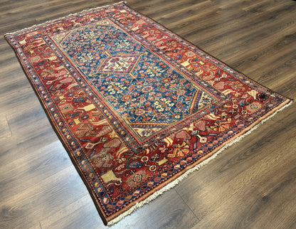 Antique Persian Rug 4x7, Blue and Red Malayer Carpet, Rare