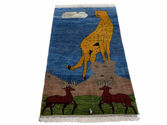 3 x 5 Handmade New Vintage Wool Blue Rug Leopard Lion Jaguar Deer Organic Dyes - Nuvé