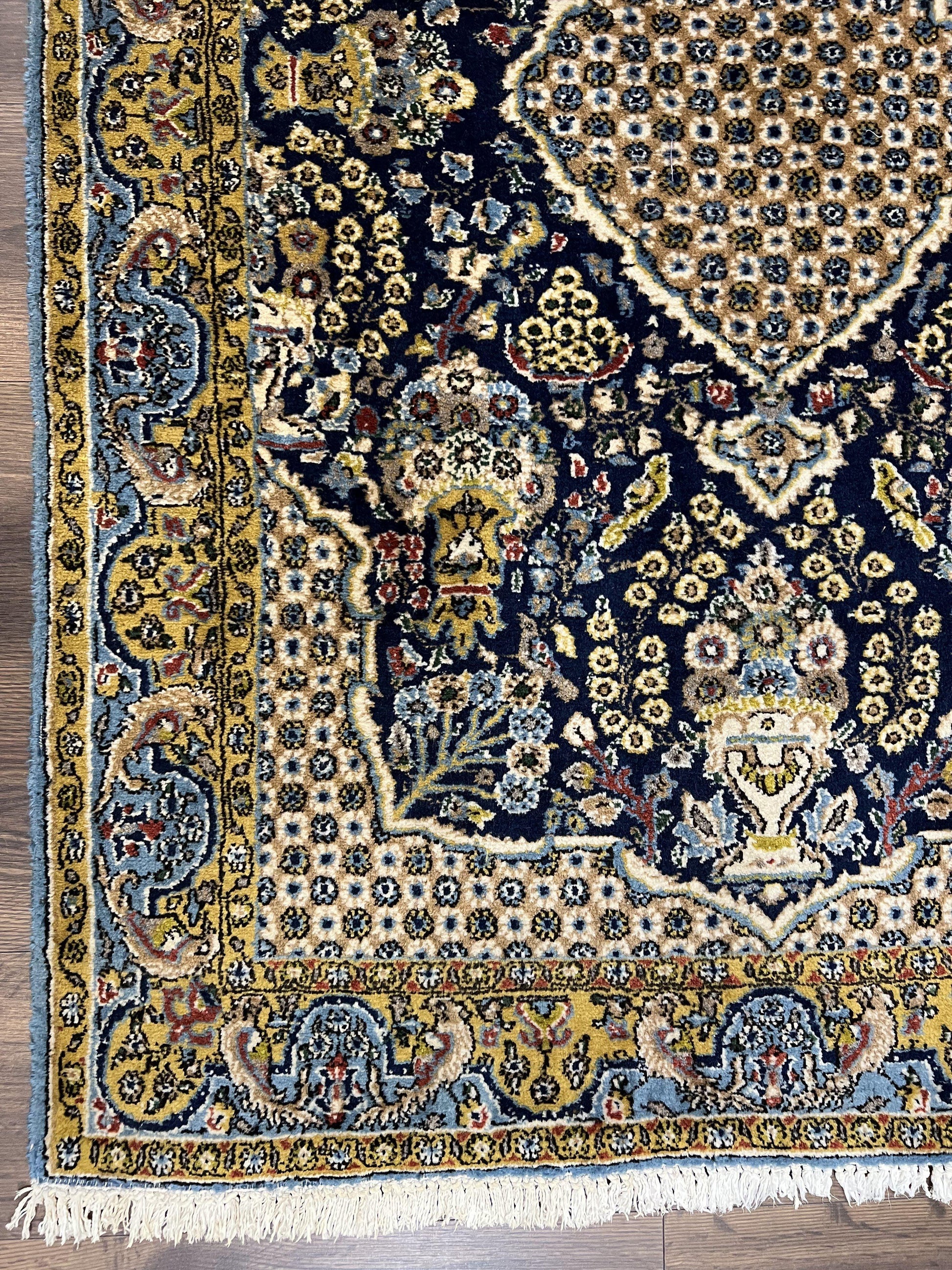 Fine Persian Qum Rug 3x5, Semi Antique Vintage Oriental Ghom Carpet, Floral Medallion, Highly Detailed, Hand Knotted, Navy Blue, Wool Area Rug, Birds - Nuvé