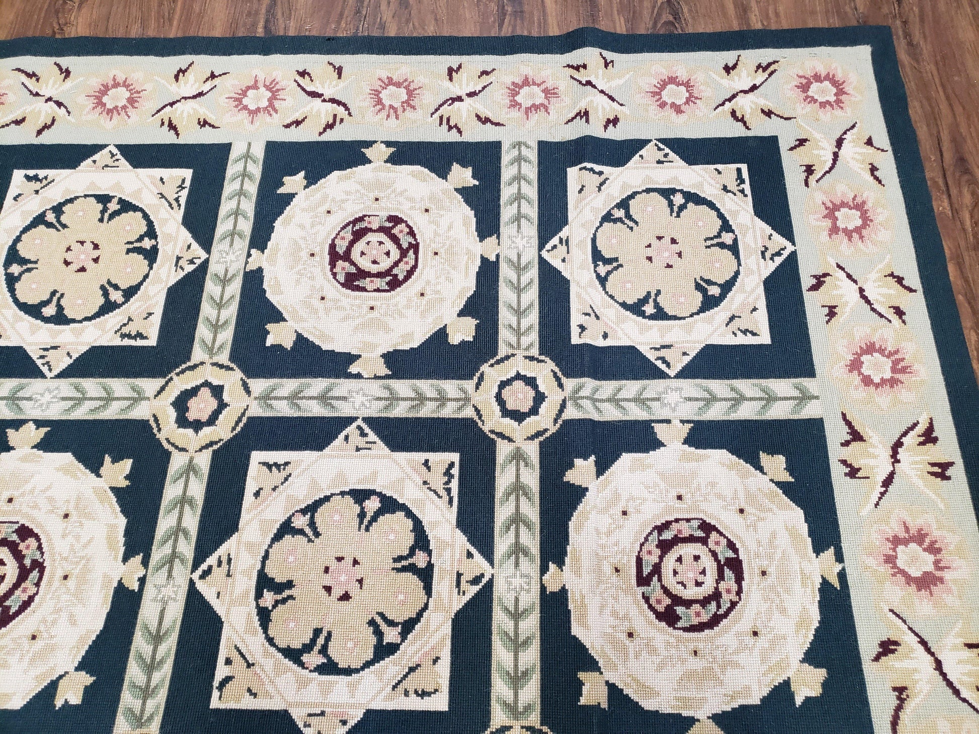Vintage Chinese Needlepoint Rug 6x9, Panel Design Area Rug Wool Hand-Woven Black & Ivory Carpet Flat Weave Bedroom Rug 6 x 9 Living Room Rug - Nuvé