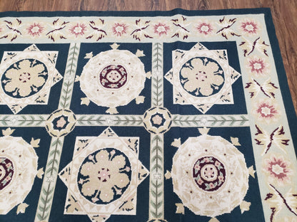 Vintage Chinese Needlepoint Rug 6x9, Panel Design Area Rug Wool Hand-Woven Black & Ivory Carpet Flat Weave Bedroom Rug 6 x 9 Living Room Rug - Nuvé