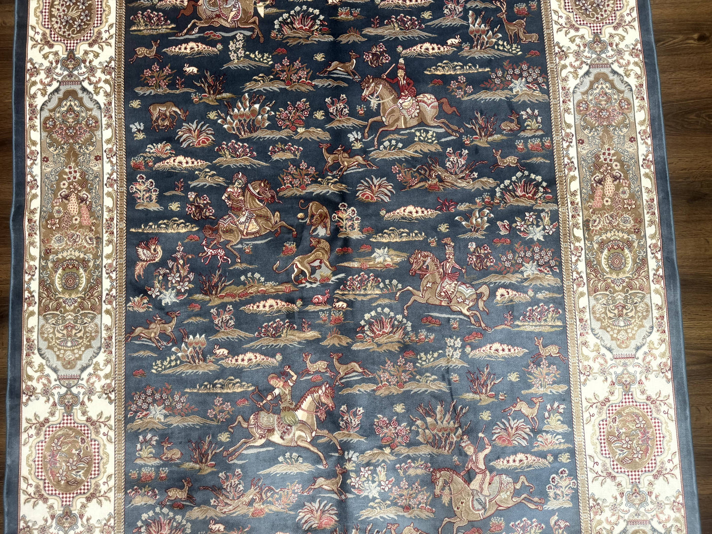 Turkish Silk Rug 5x8, Hunting Design, Animal Pictorials, Steel Blue & Ivory, Bamboo Silk - Nuvé