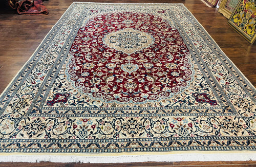 Persian Nain Rug 8x11, Wool and Silk Highlights, Burgundy & Ivory - Nuvé
