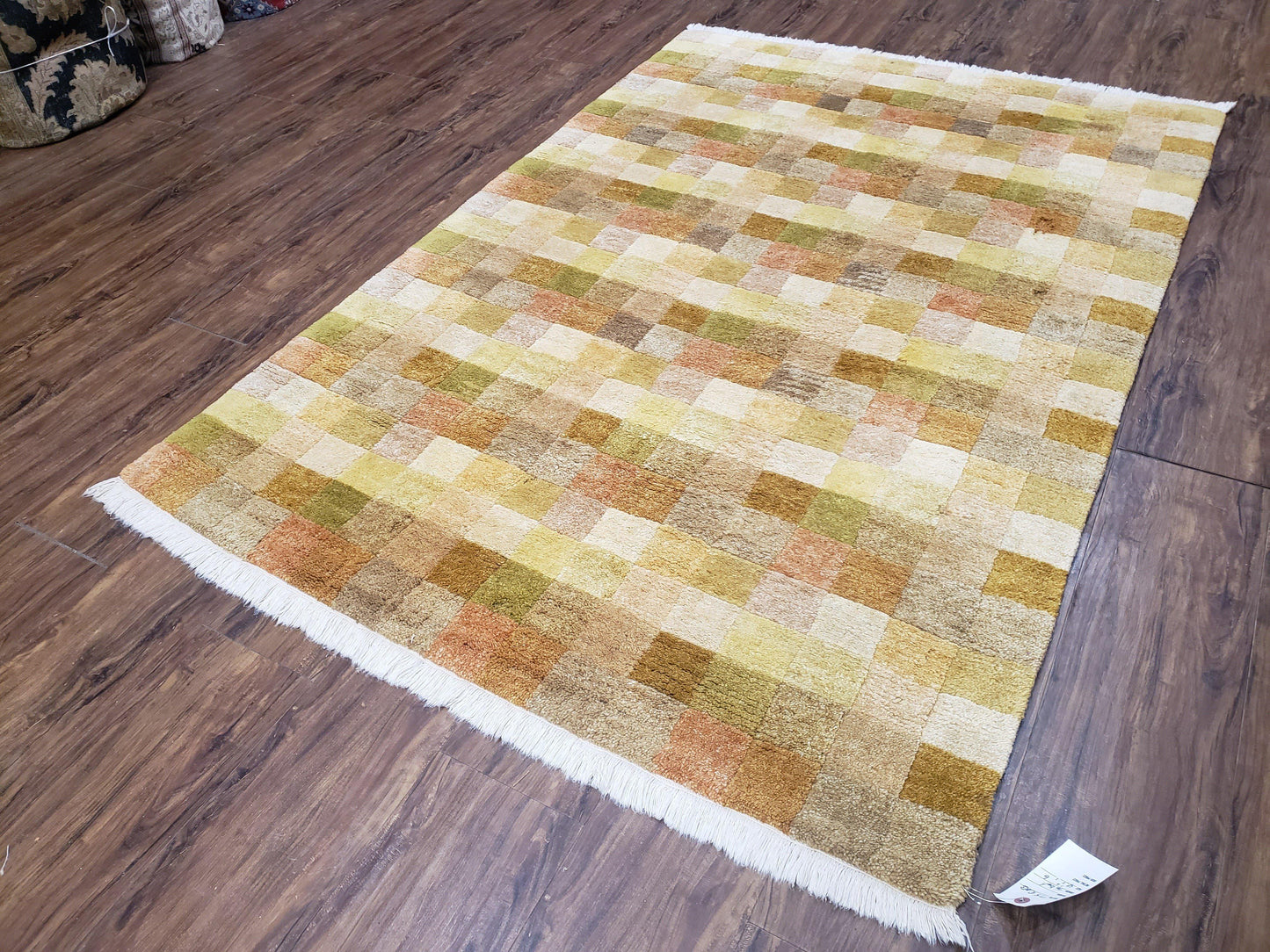 4x6 Tibetan Rug, Modern Abstract Handmade Area Rug, Checkerboard Pattern, Neutral Ivory Gold Tan Colors, Soft Pile, Mid Sized Rug, Nepali - Nuvé