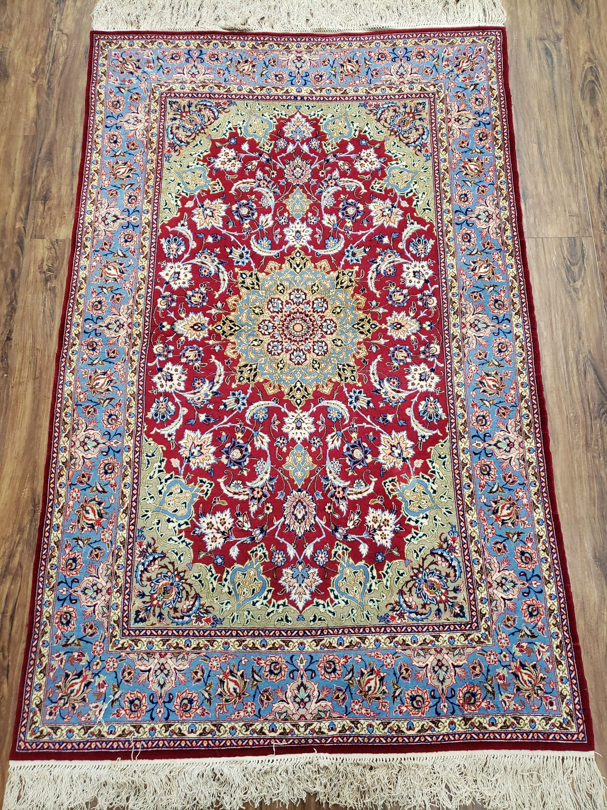 Semi Antique Persian Isfahan Rug, Kork Wool on Silk Foundation, Red & Blue, Top Quality, 3'6" x 5' 6" - Nuvé