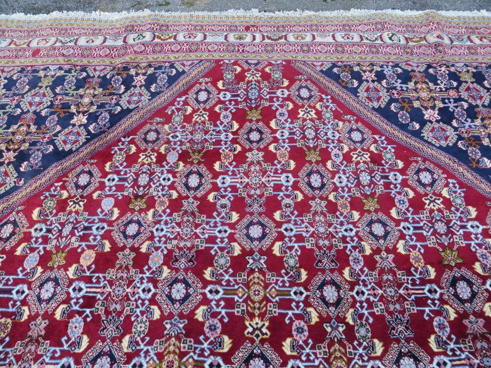 Oversized Persian Shiraz Tribal Rug 13x19, Palace Sized Oriental Carpet, Handmade Hand-Knotted X Large Rug, Red Blue Cream, Allover Herati Pattern - Nuvé