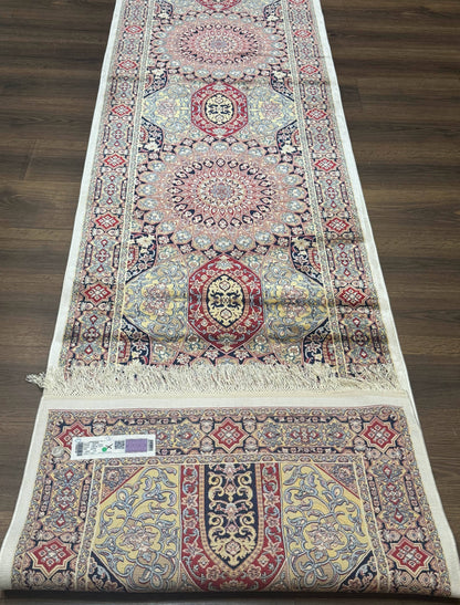 Turkish Silk Runner Rug 2.6 x 10, Dome Design, Hereke Runner, Bamboo Silk, New - Nuvé