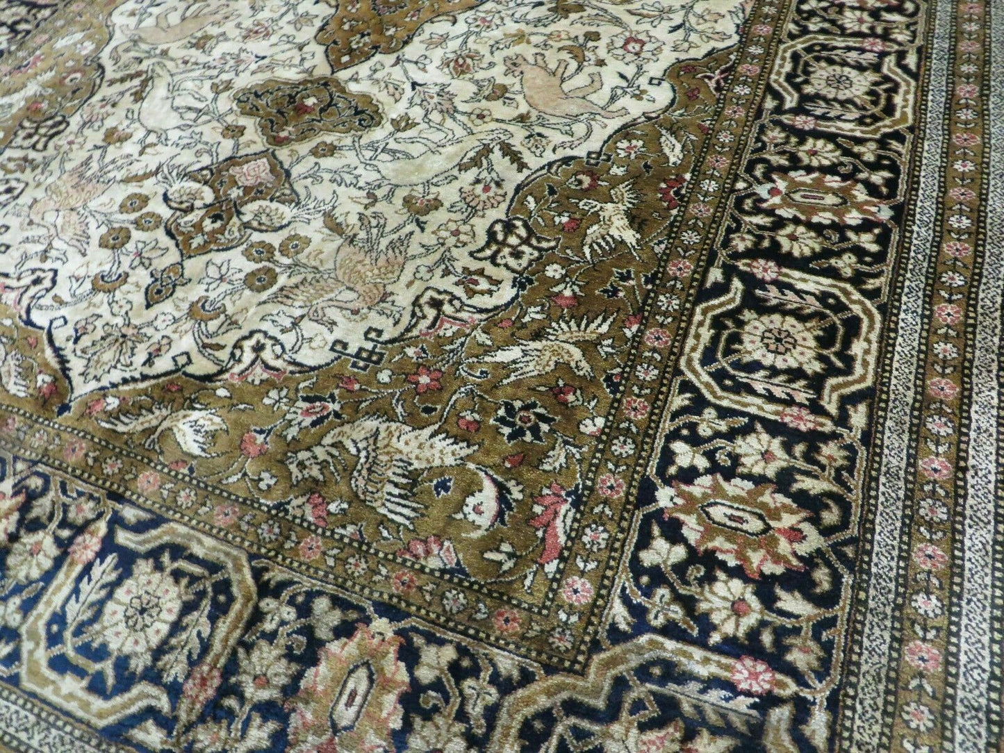 Handmade Silk Rug 3x5, Vintage Antique Silk Carpet, Hand-Knotted Oriental Rug 3 x 5, Animal Motifs, Deer Birds, One-Of-A-Kind - Nuvé