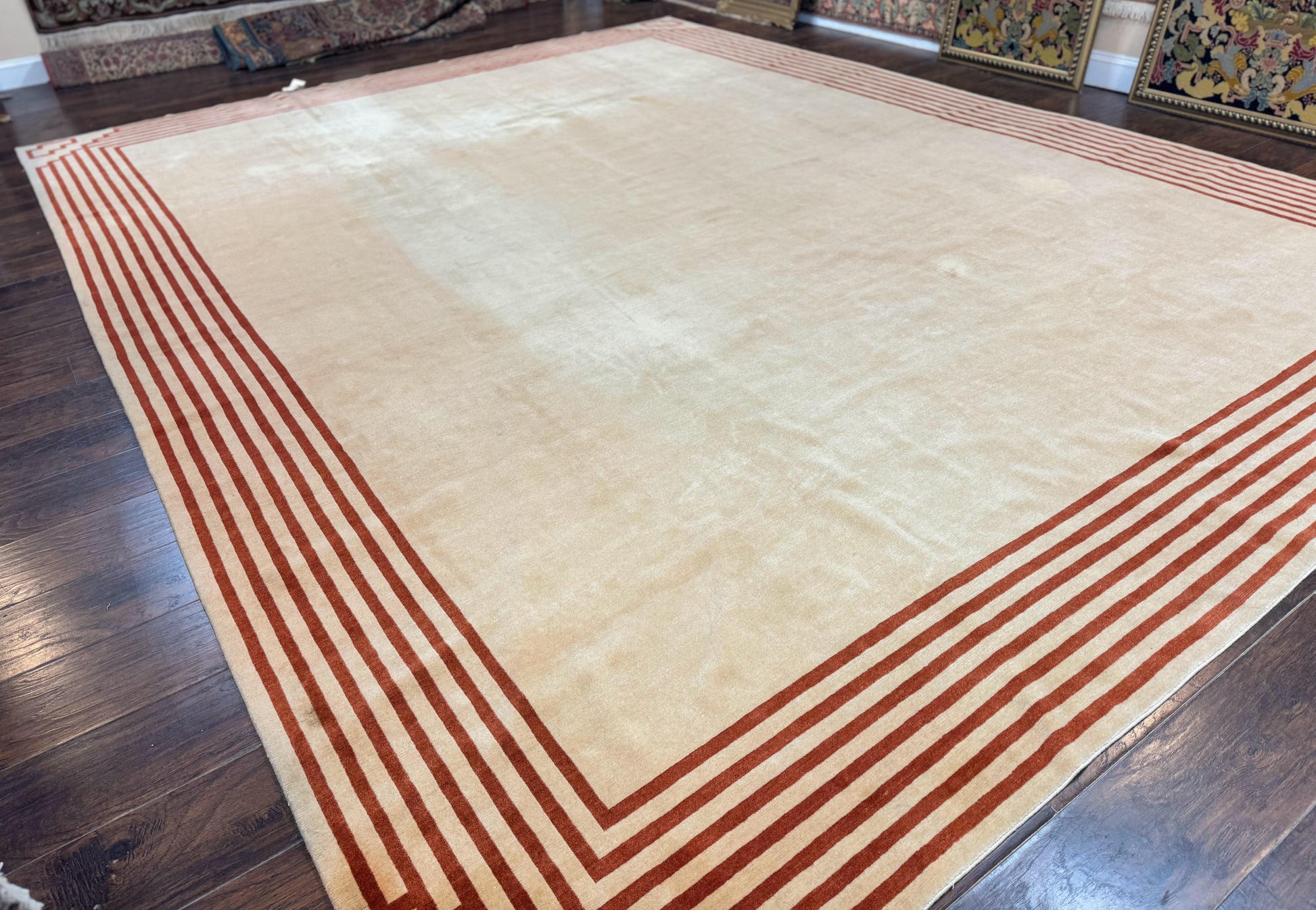 Modern Tibetan Rug 11 x 14.6, Wool and Silk, Simple Design, Handmade Large Area Rug, Cream - Nuvé